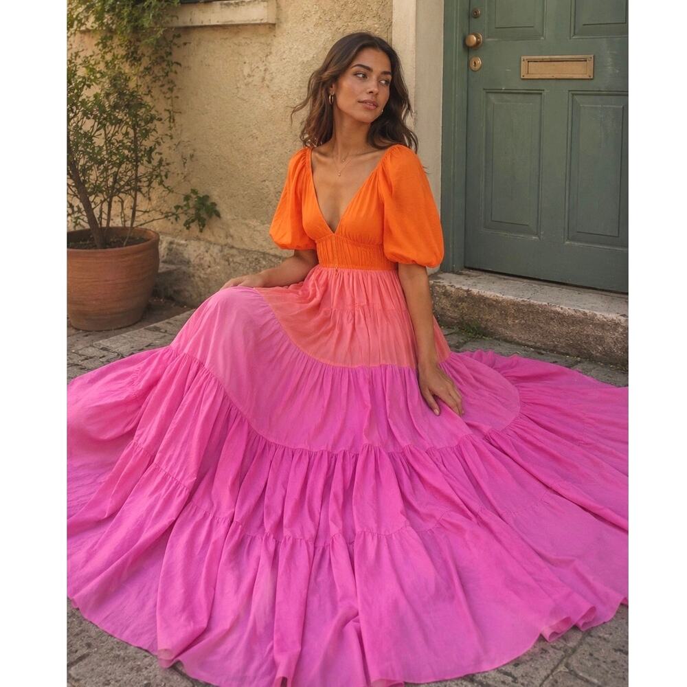 Staud NWT Meadow Maxi Dress XS Colorblock Pink Orange Puff Sleeve Deep V-Neck